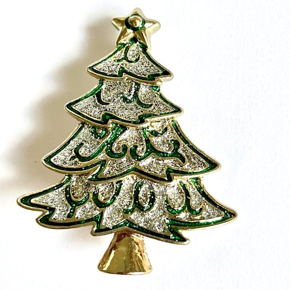 Vintage Christmas Tree Brooch Pin Green Enamel Glitter Gold Tone Plated - Picture 4 of 13